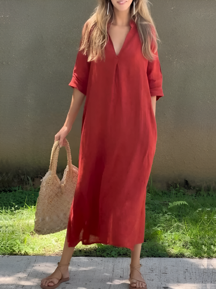 Women’s Dress | Cotton & Linen | Long & Loose Fit | Summery V-Neck Style