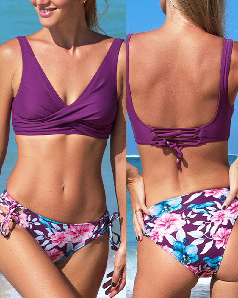 Women’s Bikini Set | Vintage Print | Cross Back & Push-Up | Two-Piece Swimsuit