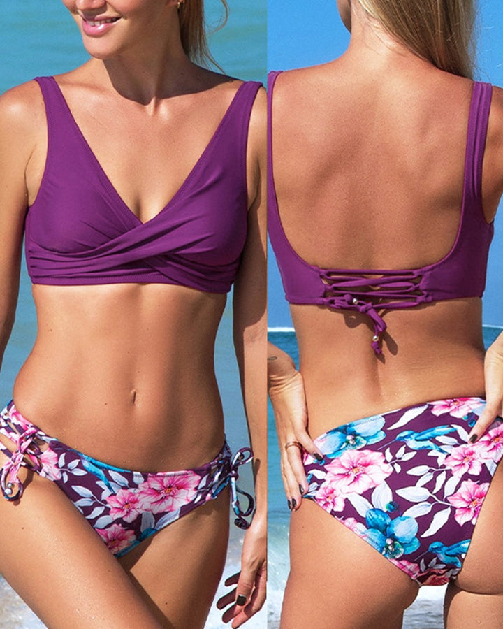 Women’s Bikini Set | Vintage Print | Cross Back & Push-Up | Two-Piece Swimsuit