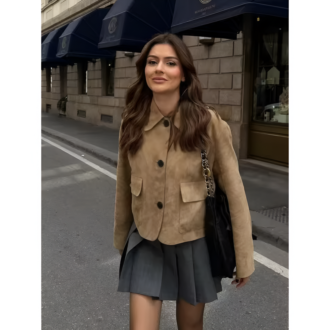 Ladies' Jacket | Short Model in Suede-Like Fabric | Button Closure & Double Pockets | Solid Colour