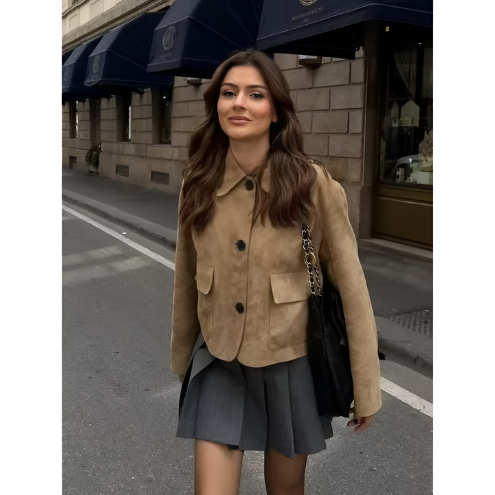 Ladies' Jacket | Short Model in Suede-Like Fabric | Button Closure & Double Pockets | Solid Colour