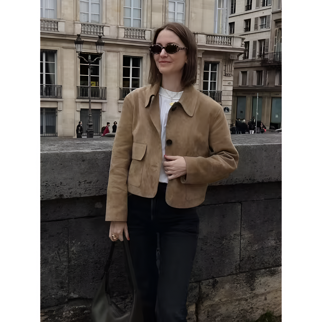 Ladies' Jacket | Short Model in Suede-Like Fabric | Button Closure & Double Pockets | Solid Colour