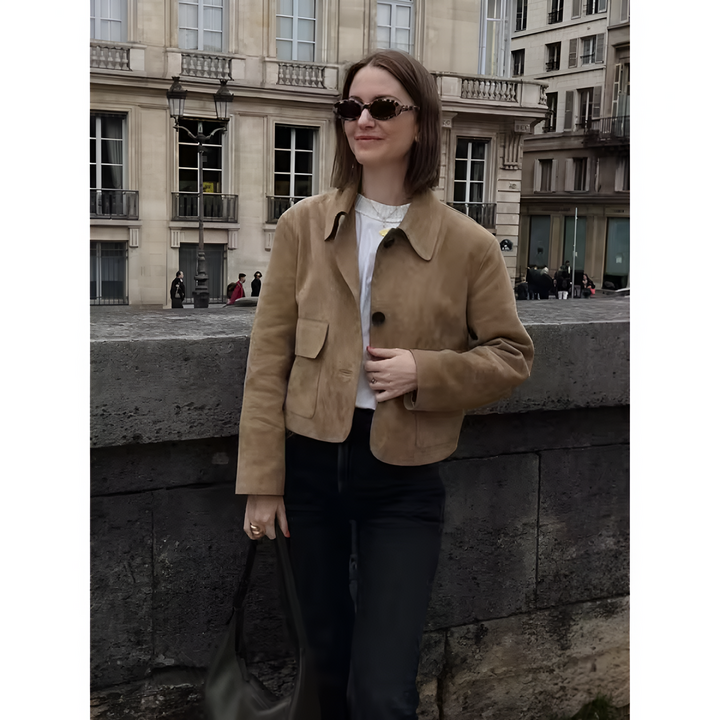 Ladies' Jacket | Short Model in Suede-Like Fabric | Button Closure & Double Pockets | Solid Colour
