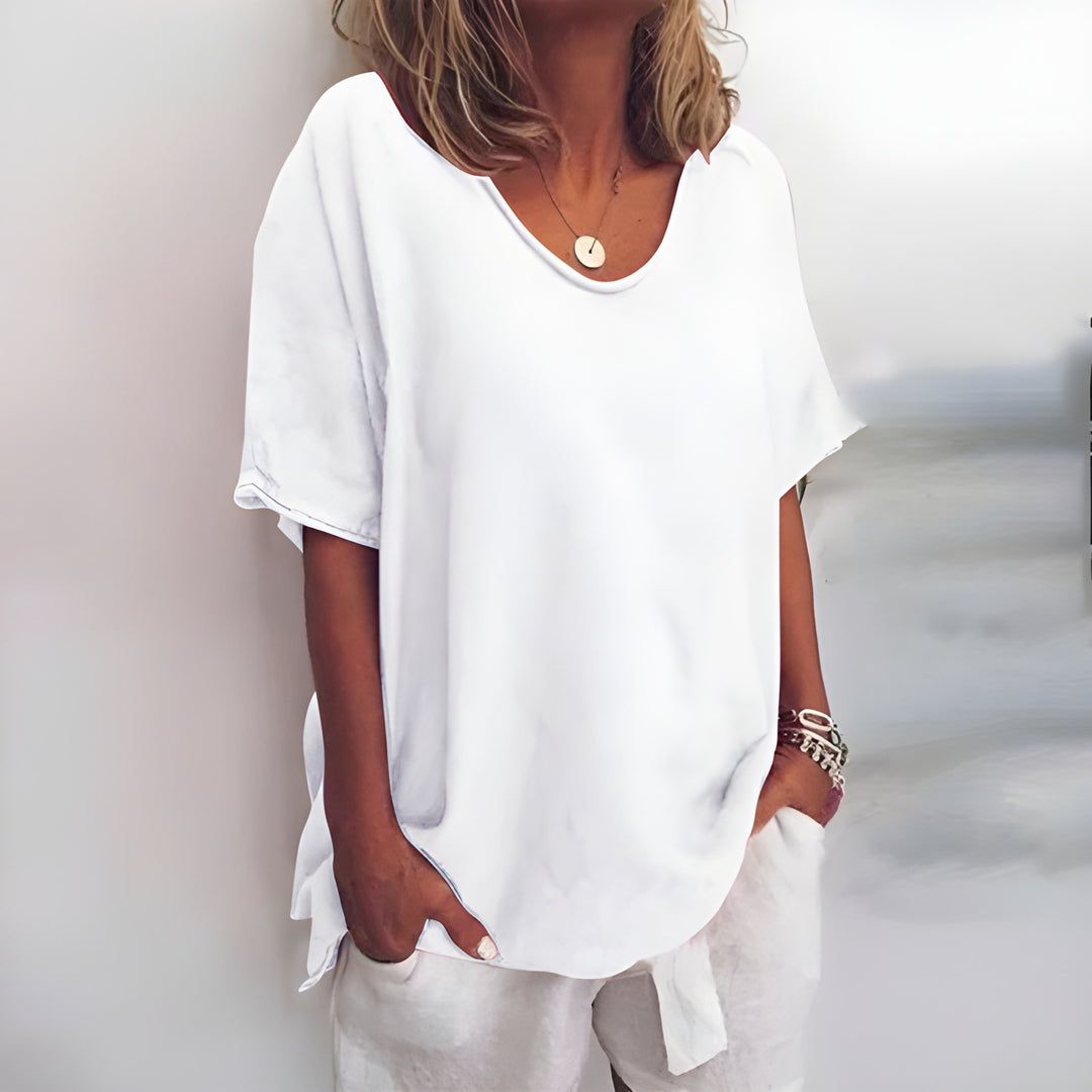 Women’s Loose Summer Blouse | V-Neck & Short Sleeves | ‎Cotton & Linen