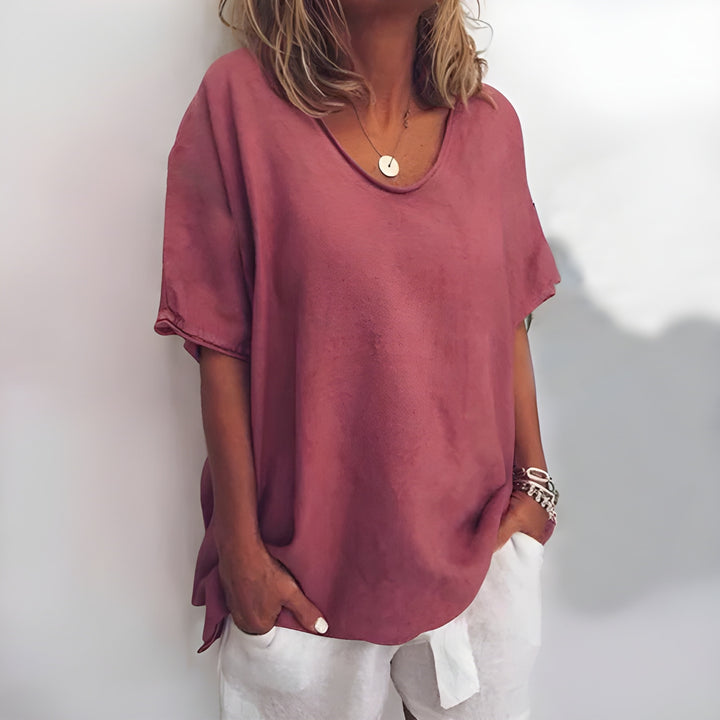 Women’s Loose Summer Blouse | V-Neck & Short Sleeves | ‎Cotton & Linen