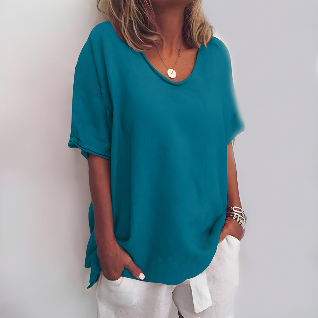 Women’s Loose Summer Blouse | V-Neck & Short Sleeves | ‎Cotton & Linen
