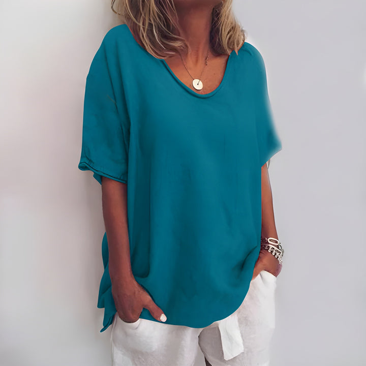 Women’s Loose Summer Blouse | V-Neck & Short Sleeves | ‎Cotton & Linen