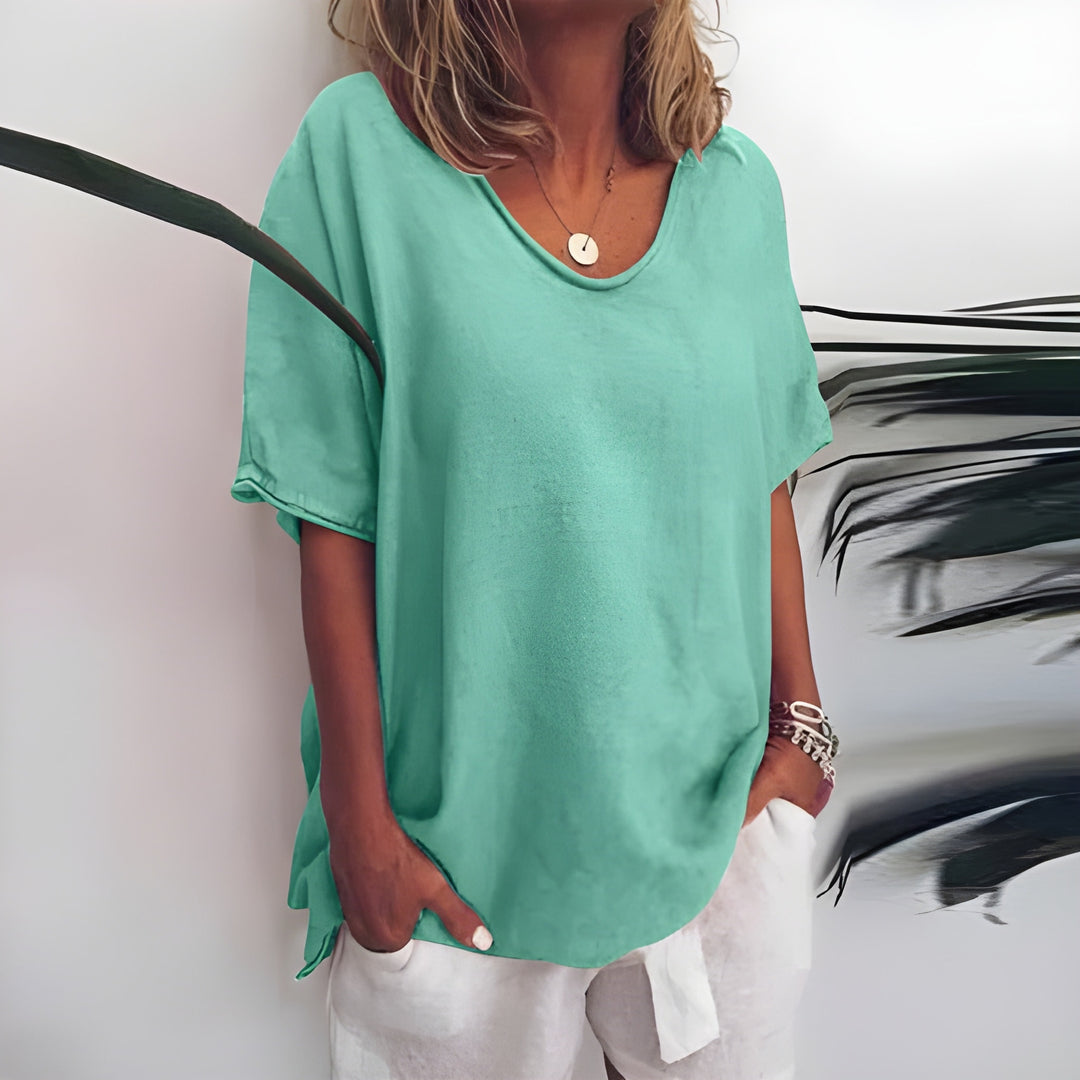 Women’s Loose Summer Blouse | V-Neck & Short Sleeves | ‎Cotton & Linen