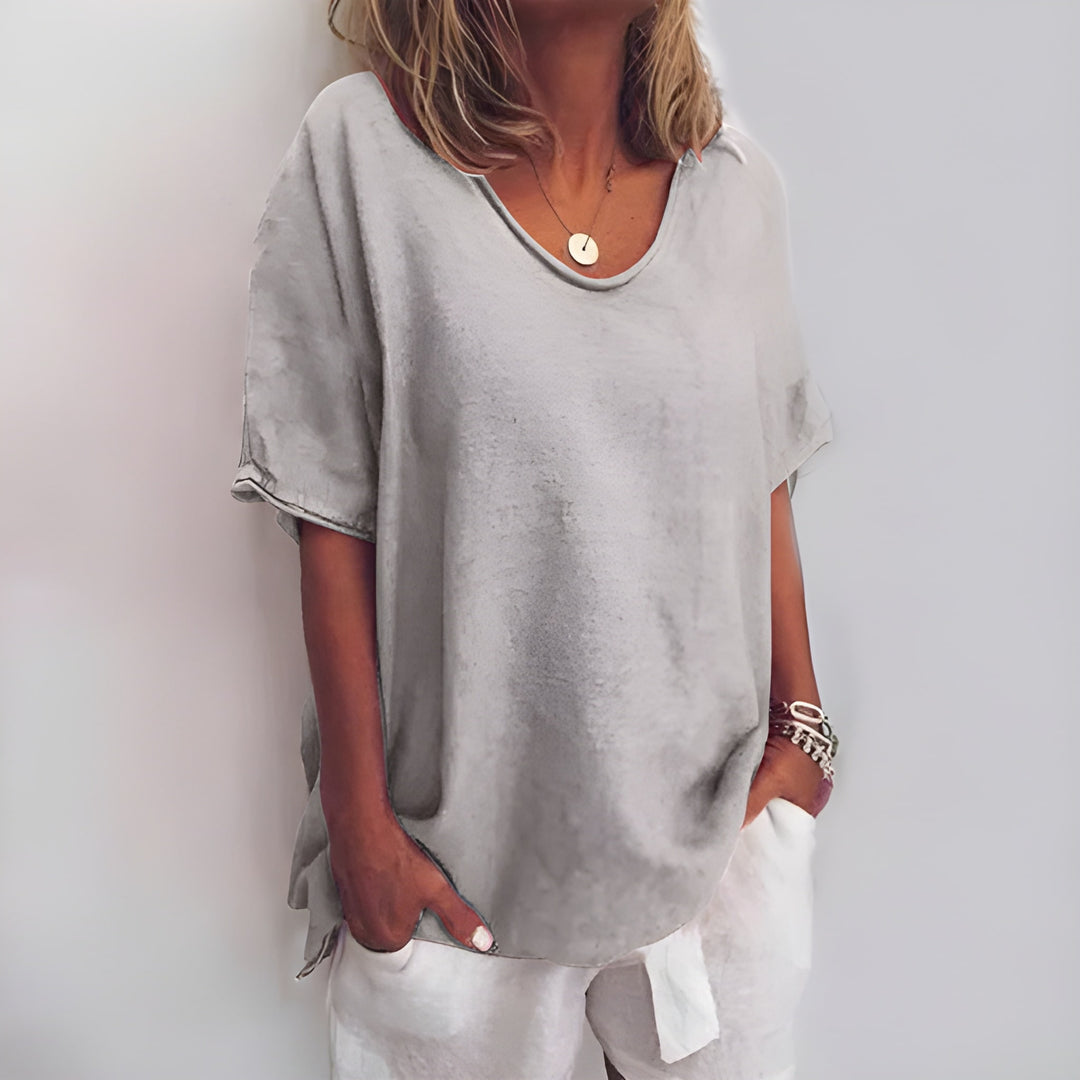 Women’s Loose Summer Blouse | V-Neck & Short Sleeves | ‎Cotton & Linen