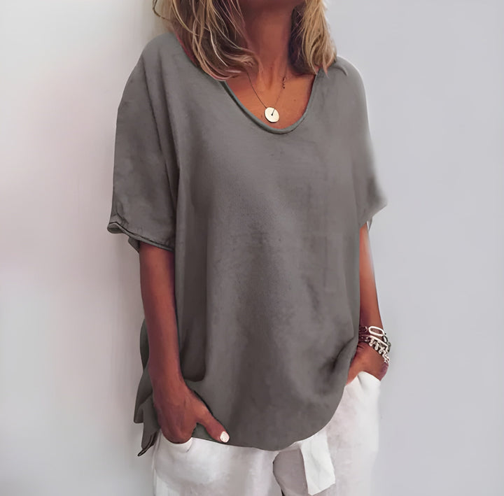 Women’s Loose Summer Blouse | V-Neck & Short Sleeves | ‎Cotton & Linen