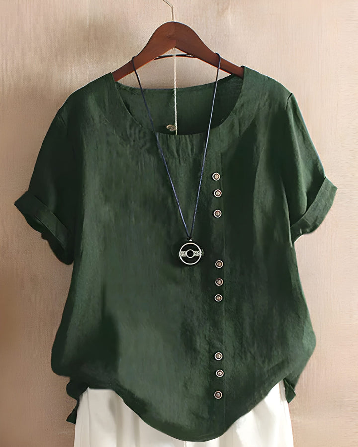 Women’s Short Sleeve Blouse | Solid Color & Round Neck |  Cotton Linen