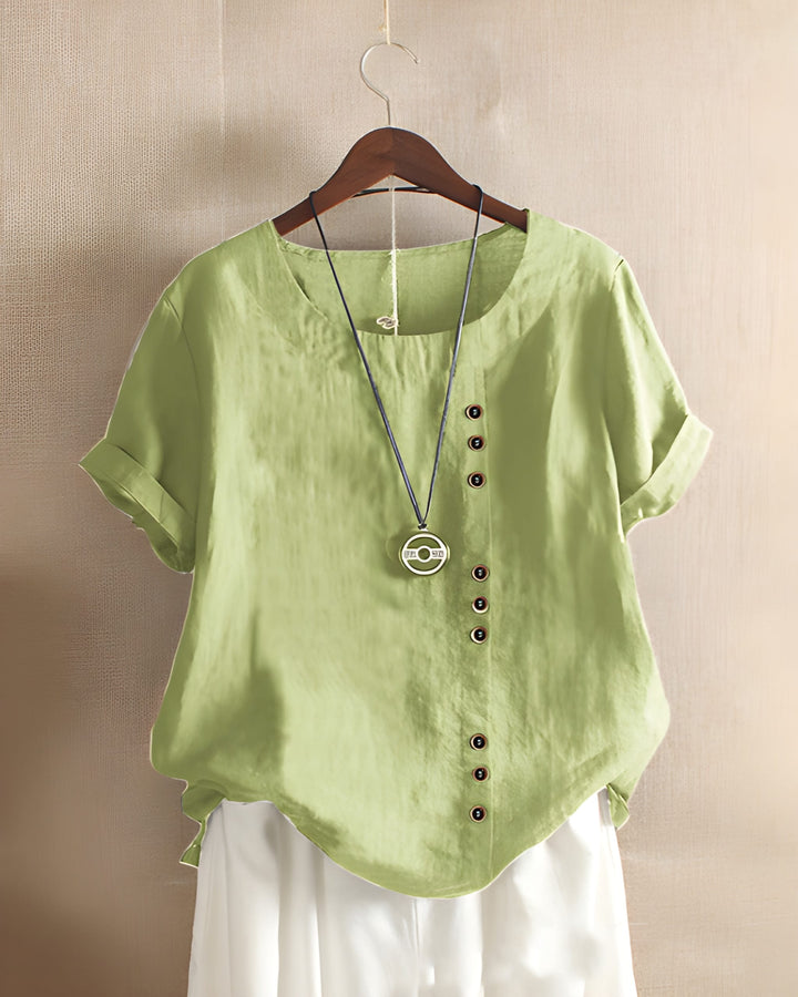 Women’s Short Sleeve Blouse | Solid Color & Round Neck |  Cotton Linen