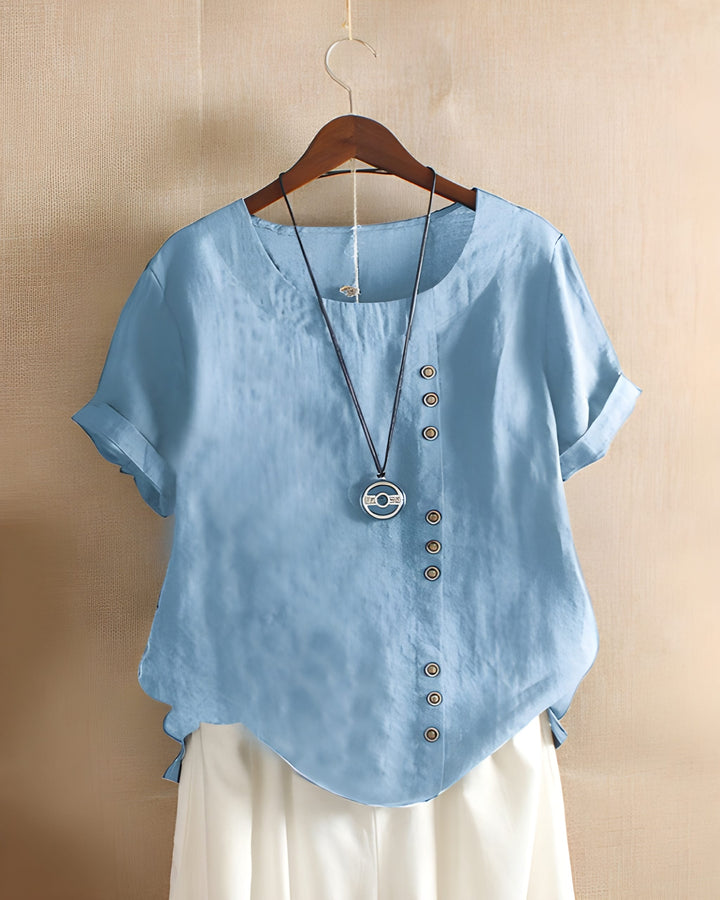 Women’s Short Sleeve Blouse | Solid Color & Round Neck |  Cotton Linen