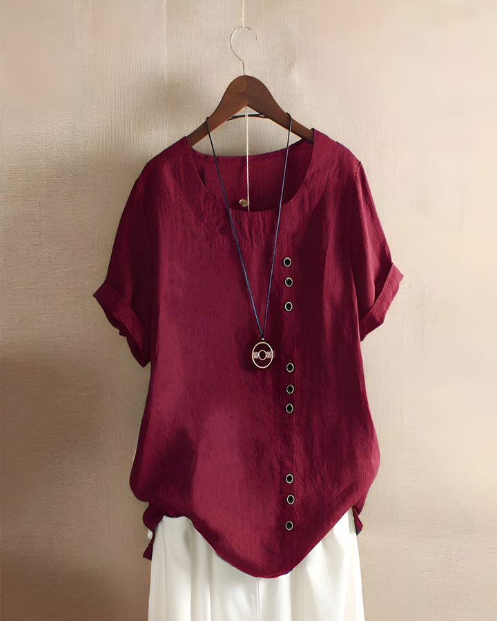 Women’s Short Sleeve Blouse | Solid Color & Round Neck |  Cotton Linen