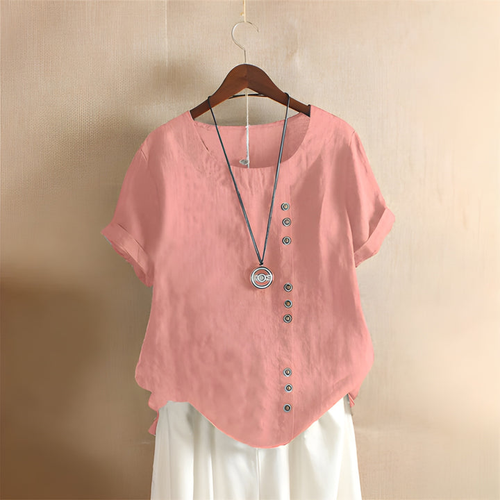Women’s Short Sleeve Blouse | Solid Color & Round Neck |  Cotton Linen