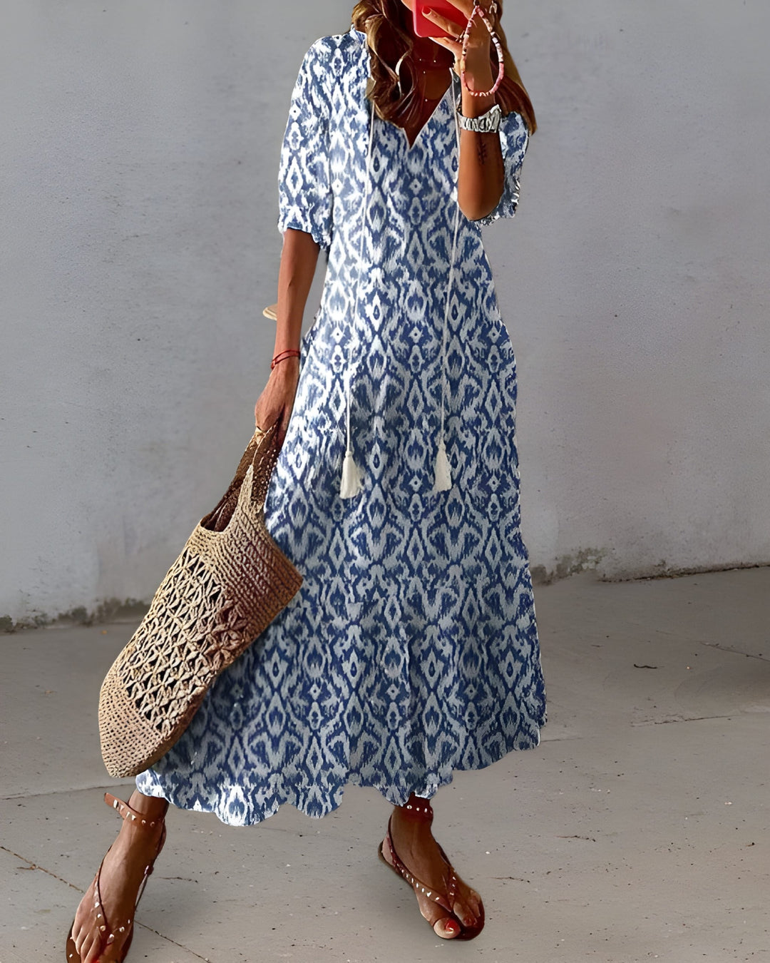 Women's Maxi Dress | Elegant V-Neck A-Line | Printed Design & Flattering Fit | Polyester/Elastane