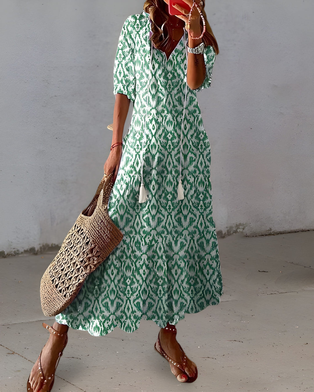Women's Maxi Dress | Elegant V-Neck A-Line | Printed Design & Flattering Fit | Polyester/Elastane