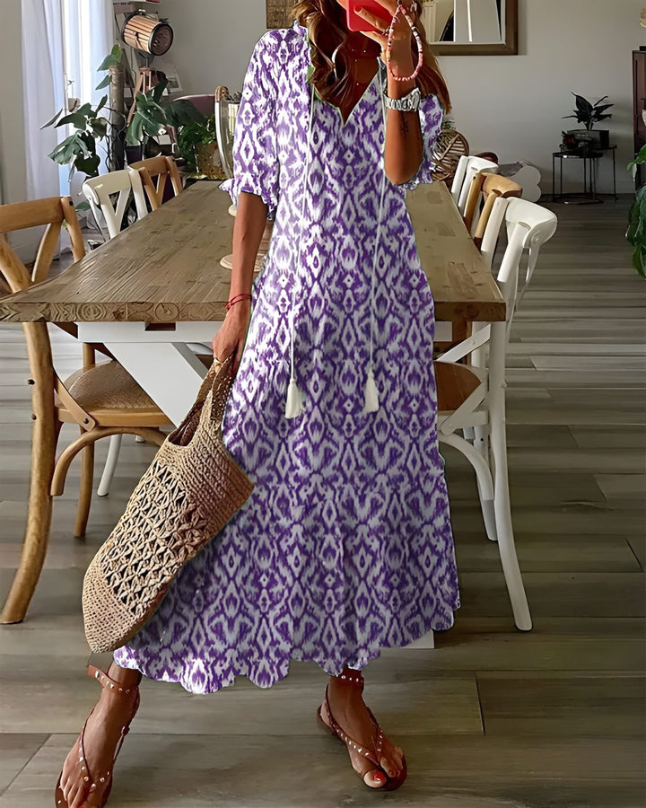 Women's Maxi Dress | Elegant V-Neck A-Line | Printed Design & Flattering Fit | Polyester/Elastane