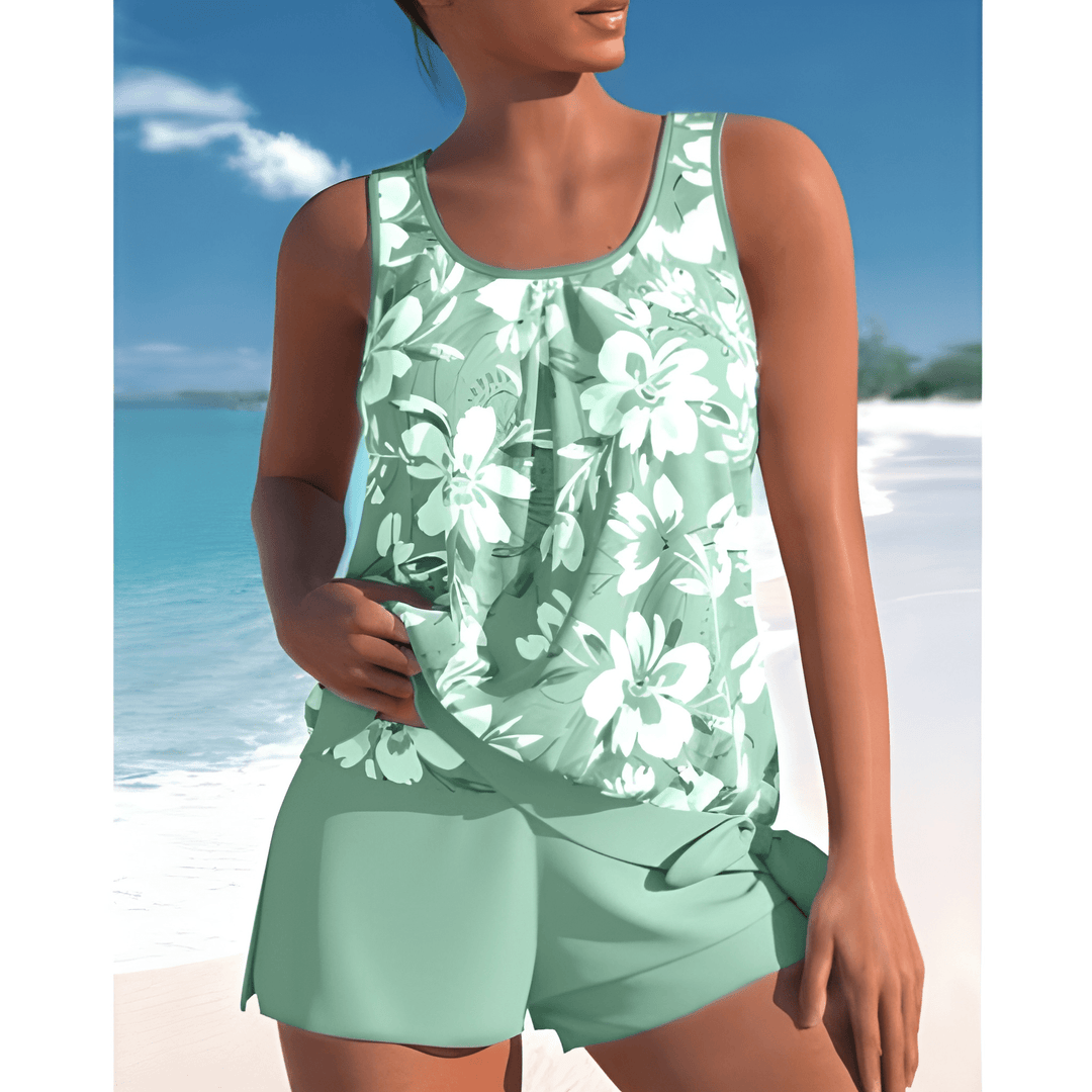 Women's Tankini Set | Two-Tone Floral Print | Sleeveless & Wireless Support | Polyamide/Elastane