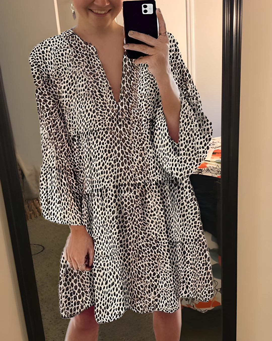 Women's Dress | Knee-Length Leopard Print | Puff Sleeves & V-Neck | Polyester