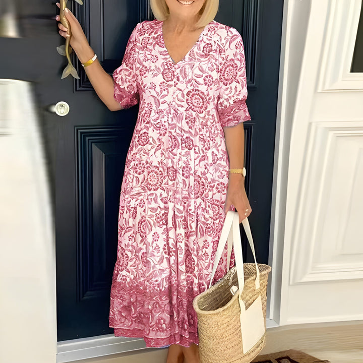 Bohemian Maxi Dress | V-Neck & Floral Print | Relaxed Fit | Lightweight & Breathable | Polyester