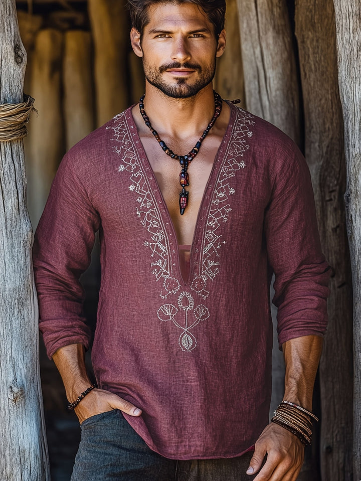 Men's Summer Shirt | Deep V-Neck & Floral Embroidery | Breathable Cotton