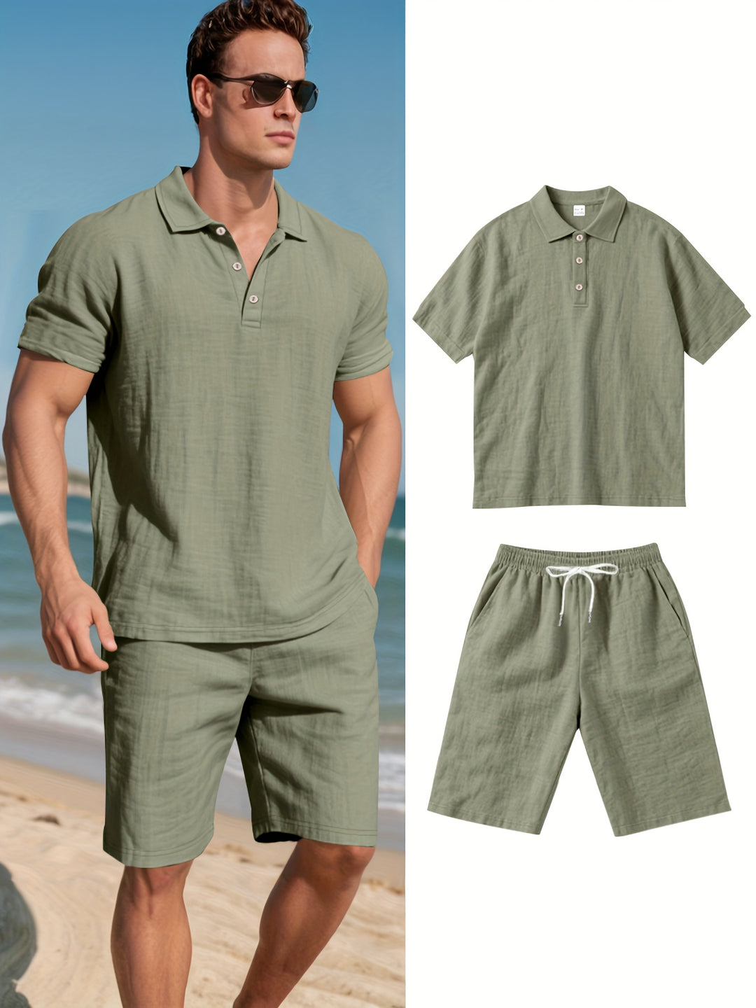 Men's Linen Set | Short Sleeve Shirt & Shorts | Lightweight & Breathable | Outdoor Look