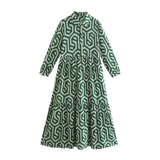 Women's Long Sleeve Dress | Geometric Pattern | Modern Silhouette & Playful Hem | Polyester Blend