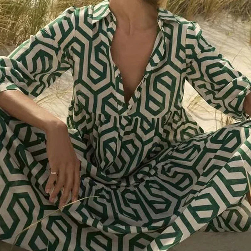 Women's Long Sleeve Dress | Geometric Pattern | Modern Silhouette & Playful Hem | Polyester Blend