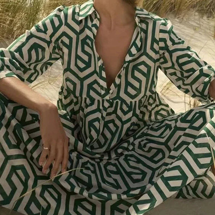 Women's Long Sleeve Dress | Geometric Pattern | Modern Silhouette & Playful Hem | Polyester Blend