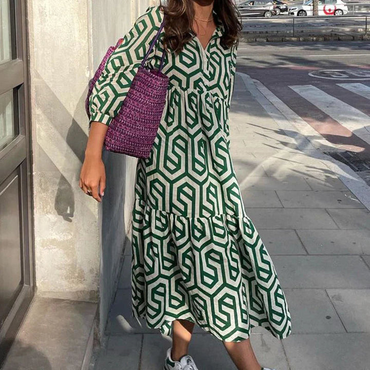 Women's Long Sleeve Dress | Geometric Pattern | Modern Silhouette & Playful Hem | Polyester Blend