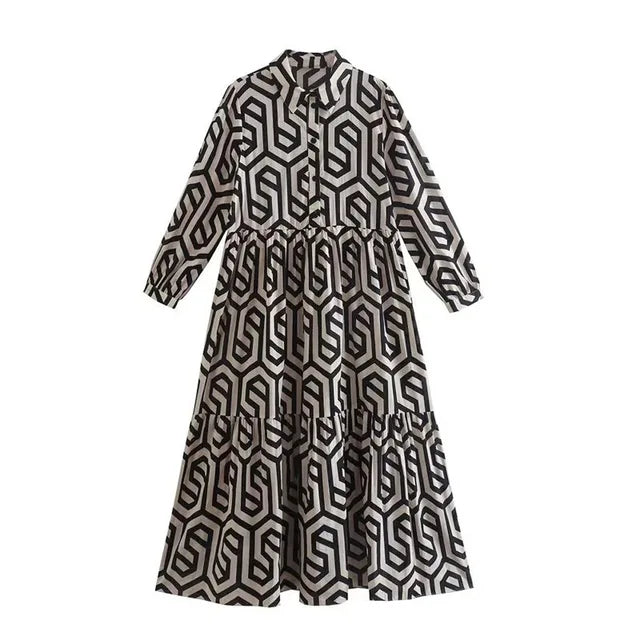 Women's Long Sleeve Dress | Geometric Pattern | Modern Silhouette & Playful Hem | Polyester Blend