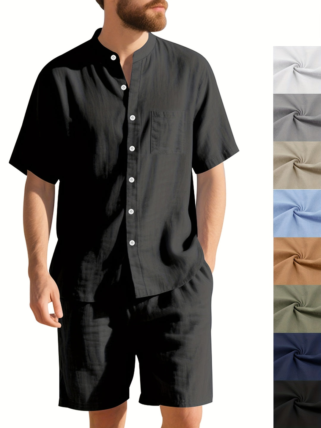 Men’s Linen Summer Set | Henley Collar & Shorts | Breathable & Sweat-Absorbent | Solid Beach Style