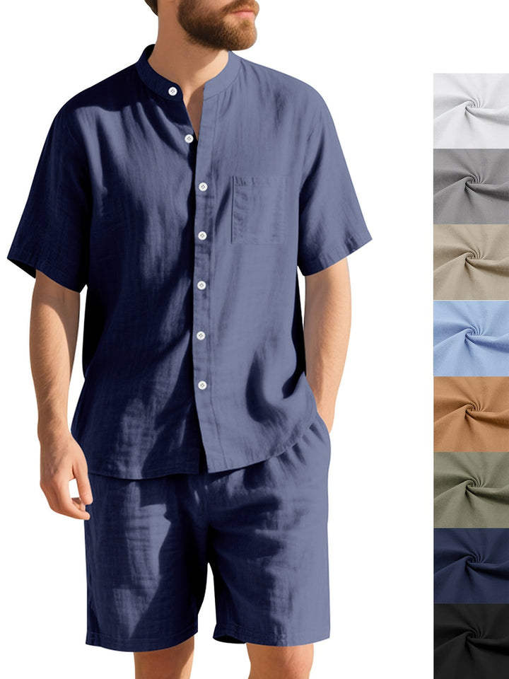 Men’s Linen Summer Set | Henley Collar & Shorts | Breathable & Sweat-Absorbent | Solid Beach Style