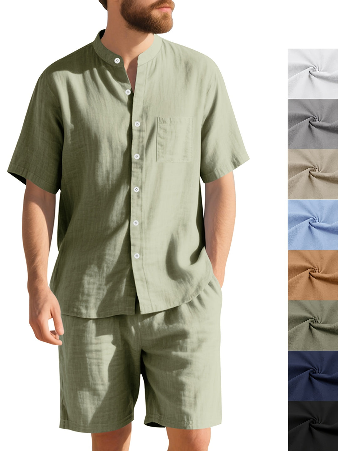 Men’s Linen Summer Set | Henley Collar & Shorts | Breathable & Sweat-Absorbent | Solid Beach Style