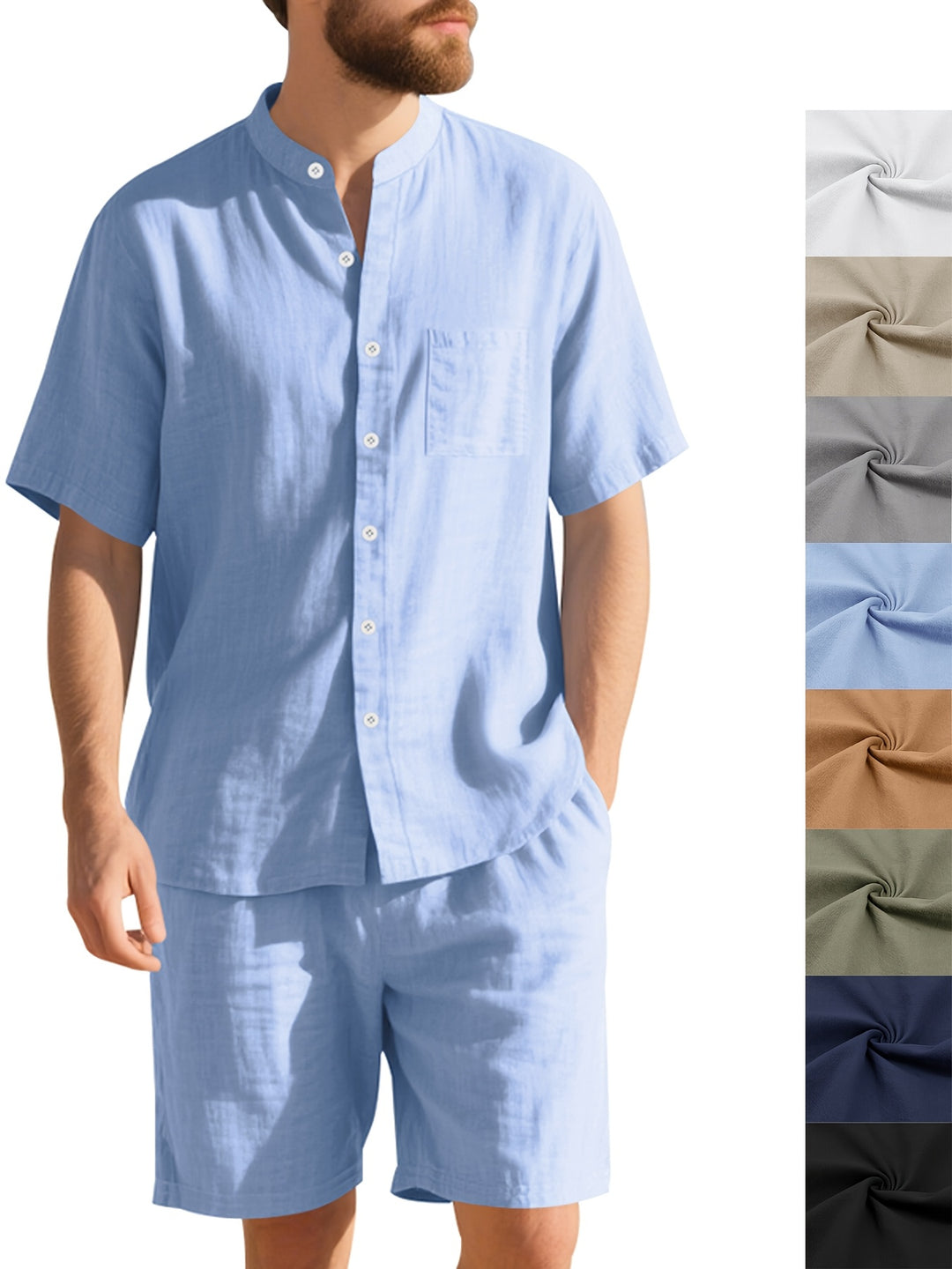 Men’s Linen Summer Set | Henley Collar & Shorts | Breathable & Sweat-Absorbent | Solid Beach Style