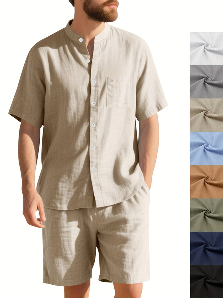 Men’s Linen Summer Set | Henley Collar & Shorts | Breathable & Sweat-Absorbent | Solid Beach Style