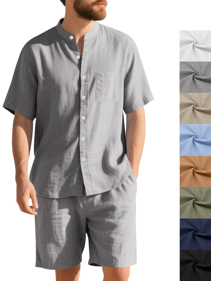 Men’s Linen Summer Set | Henley Collar & Shorts | Breathable & Sweat-Absorbent | Solid Beach Style
