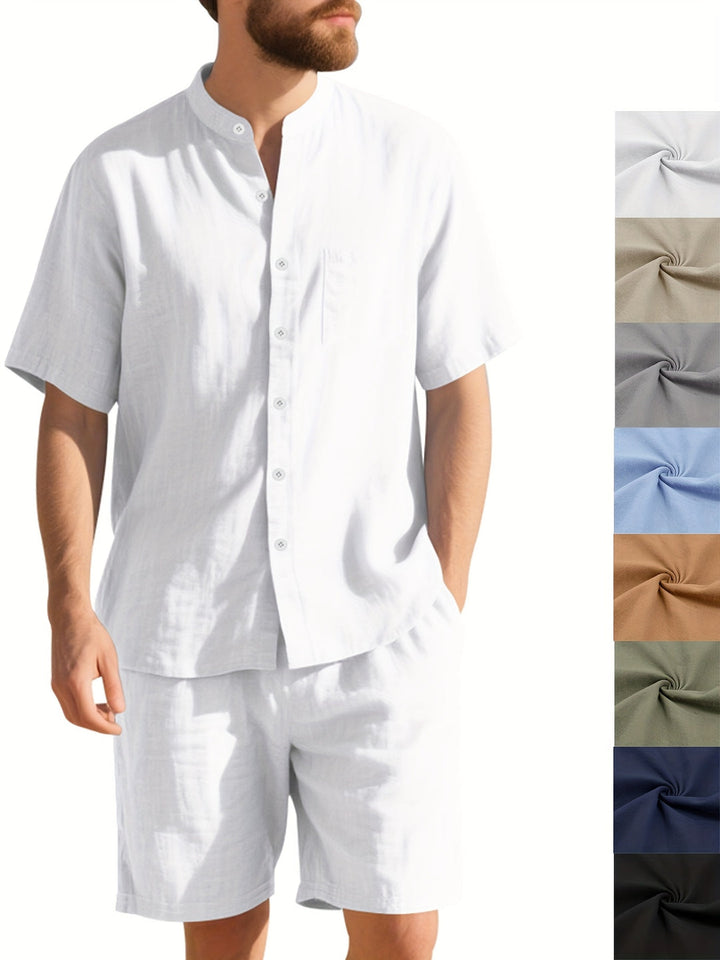 Men’s Linen Summer Set | Henley Collar & Shorts | Breathable & Sweat-Absorbent | Solid Beach Style