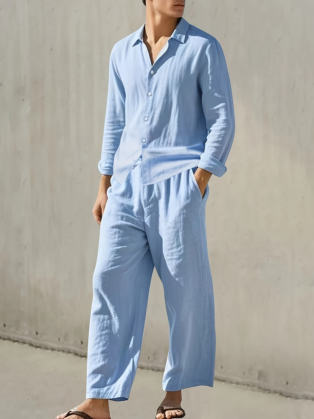 Men’s Set | Notch Lapel Shirt & Drawstring Pants | Solid Color | Casual & Comfortable