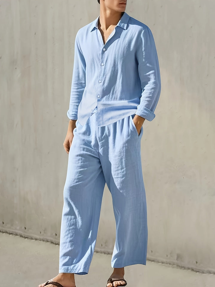 Men’s Set | Notch Lapel Shirt & Drawstring Pants | Solid Color | Casual & Comfortable