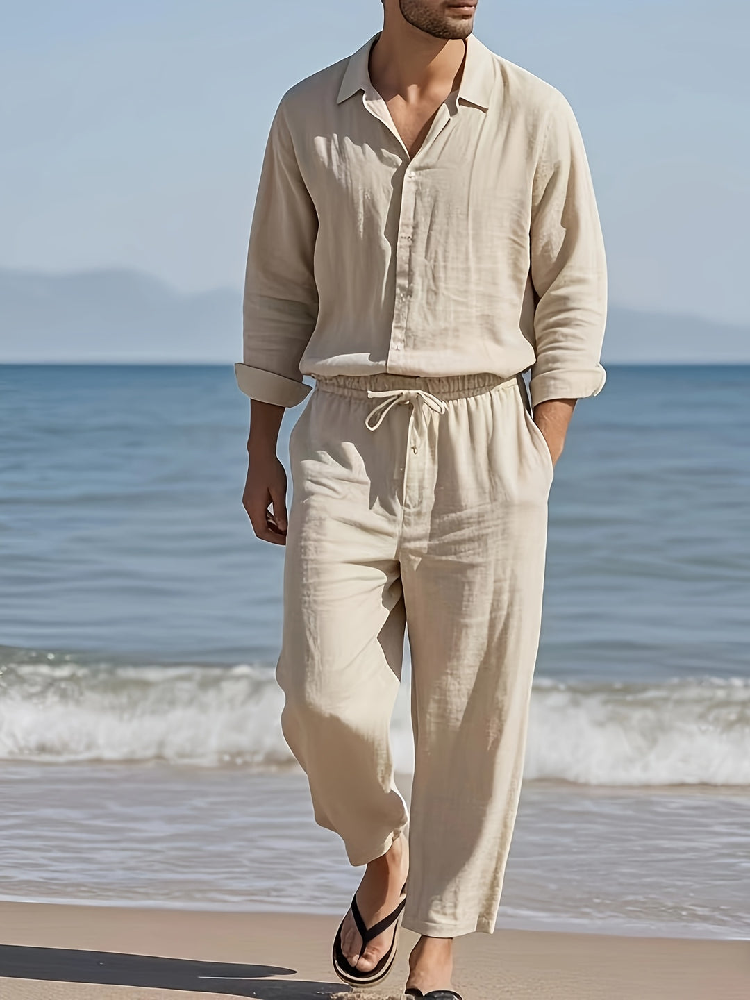 Men’s Set | Notch Lapel Shirt & Drawstring Pants | Solid Color | Casual & Comfortable