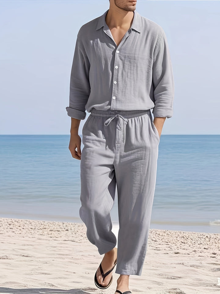 Men’s Set | Notch Lapel Shirt & Drawstring Pants | Solid Color | Casual & Comfortable
