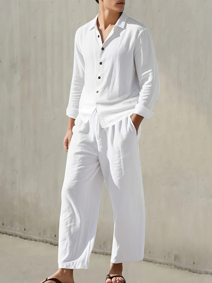 Men’s Set | Notch Lapel Shirt & Drawstring Pants | Solid Color | Casual & Comfortable