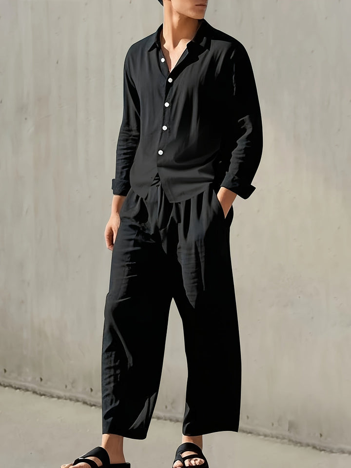 Men’s Set | Notch Lapel Shirt & Drawstring Pants | Solid Color | Casual & Comfortable
