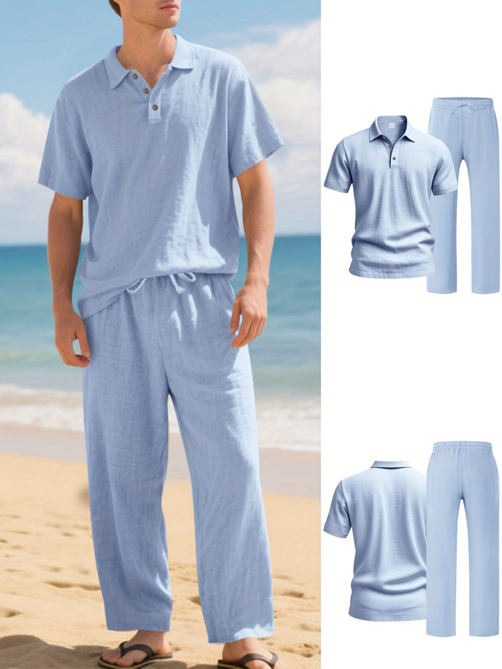 Men’s Linen Set | Polo Shirt & Pants | Breathable & Loose Fit | Casual Two-Piece Beach Outfit