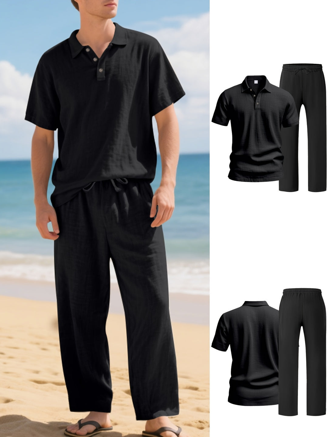 Men’s Linen Set | Polo Shirt & Pants | Breathable & Loose Fit | Casual Two-Piece Beach Outfit