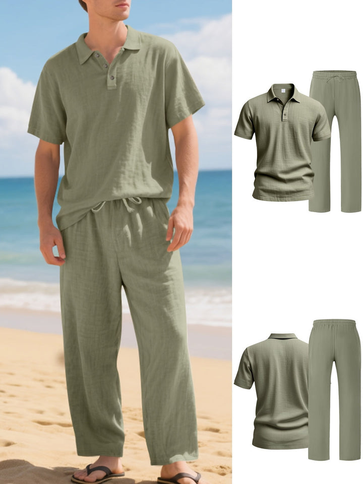 Men’s Linen Set | Polo Shirt & Pants | Breathable & Loose Fit | Casual Two-Piece Beach Outfit