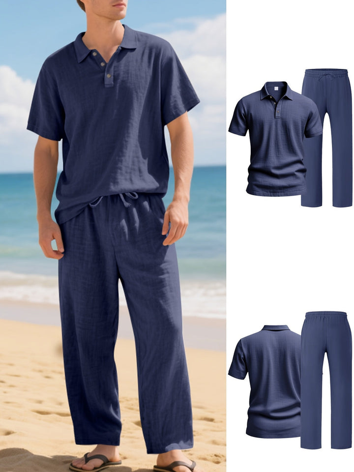 Men’s Linen Set | Polo Shirt & Pants | Breathable & Loose Fit | Casual Two-Piece Beach Outfit