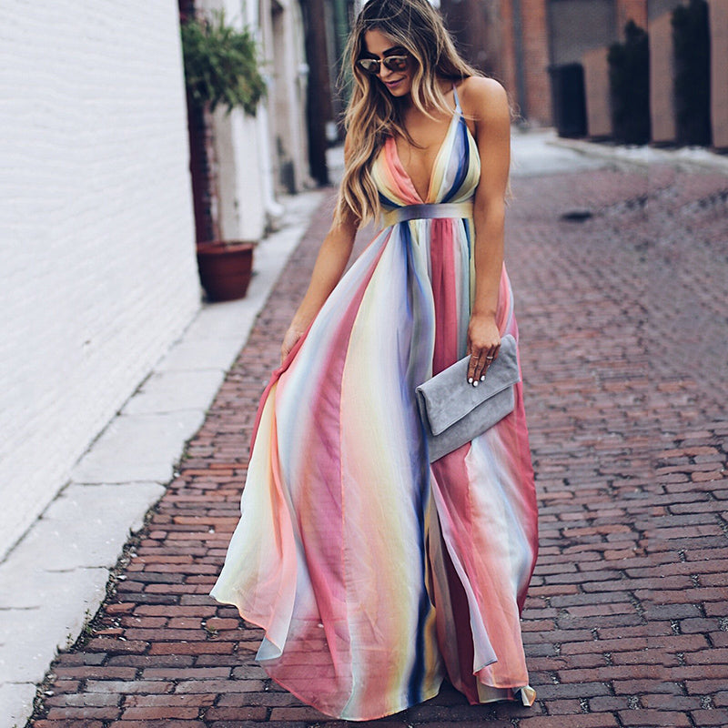 Women’s Maxi Dress | V-Neck & Multicolor Stripes | Elegant Silhouette | Chiffon